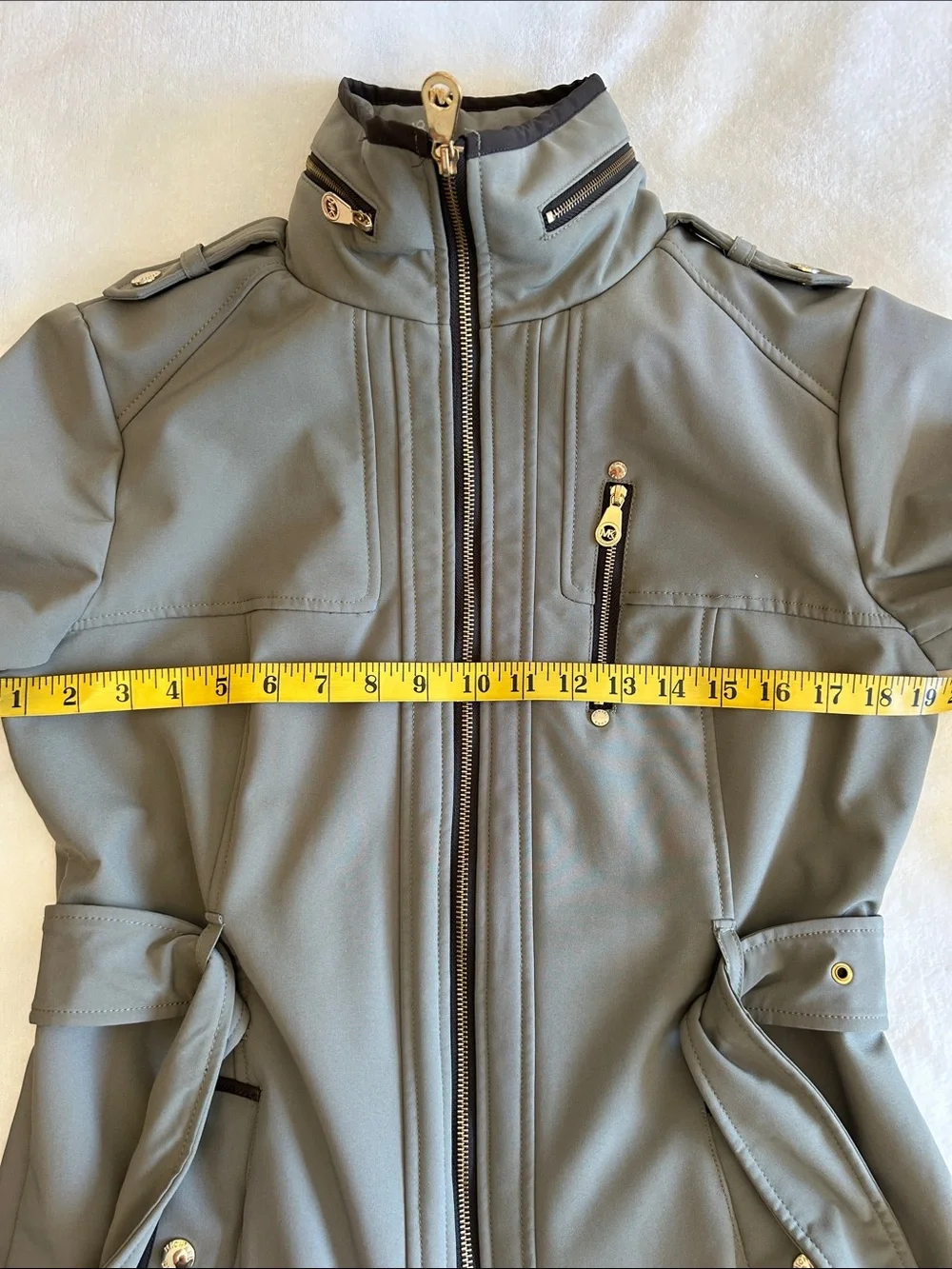 Michael Kors Women’s Softshell Olive Green Belted Jacket With Hidden Hood Size M
